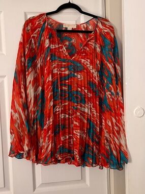 Michael Kors orange & Teal Pleated V-Neck Tunic